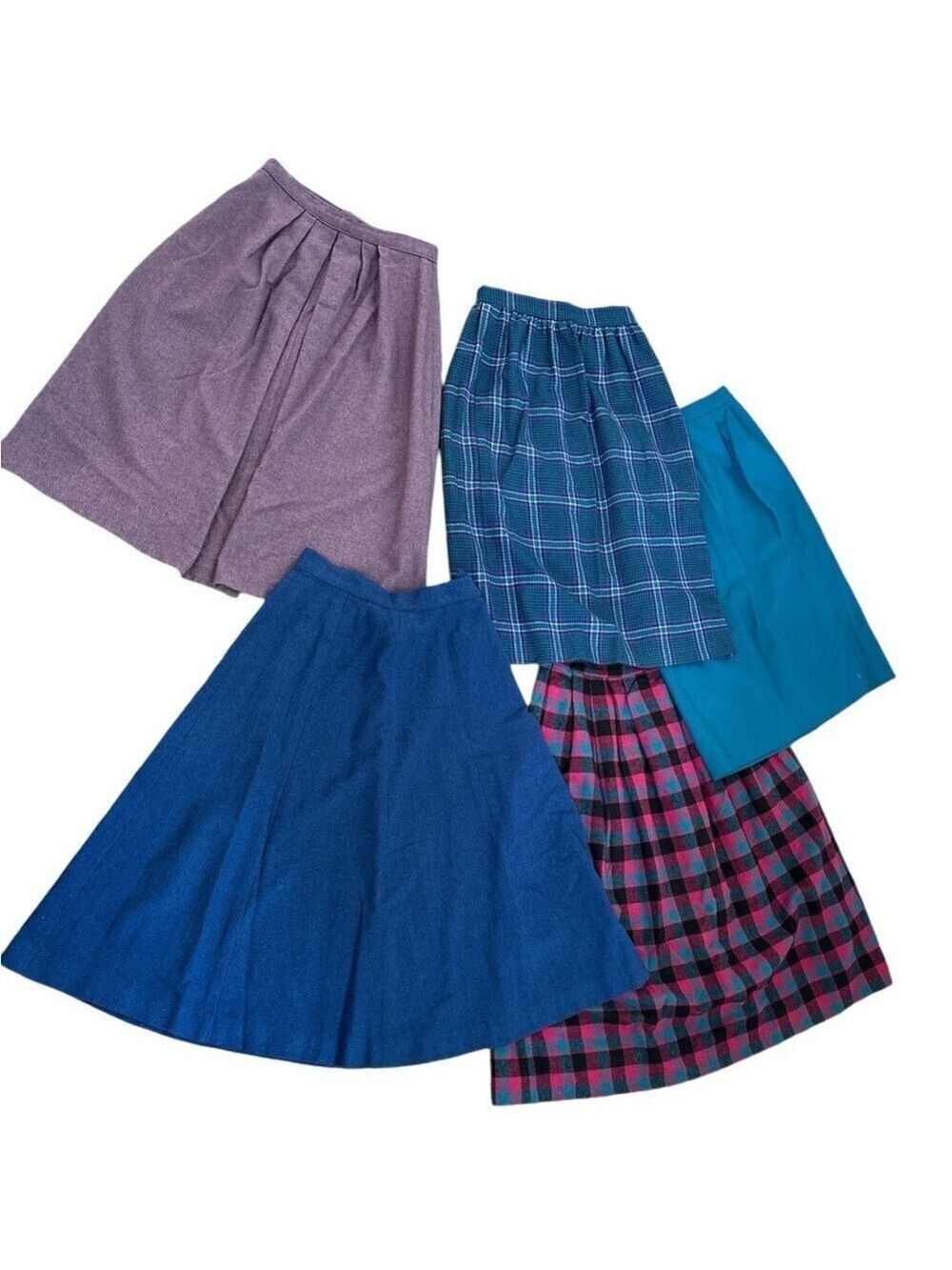70s 5 PCS HANDMADE WOOL PREPPY MIDI SKIRTS 3 SOLID & 2 PLAID CLASSIC TRADITIONAL
